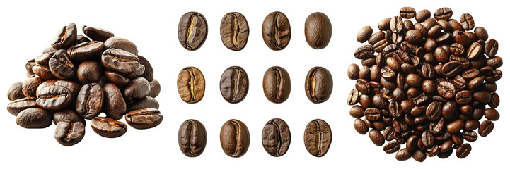 Fototapeta premium An artistic arrangement of various coffee beans showcasing color and texture, ideal for coffee lovers and enthusiasts. Transparent PNG background, commercial use