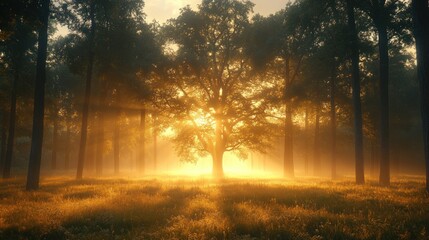 Obraz premium Sunrise in misty forest with large oak tree