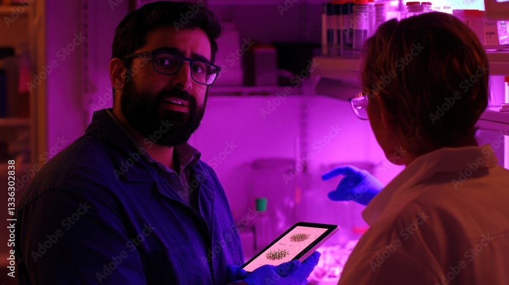 Poster Scientists discussing results displayed on a digital tablet in lab