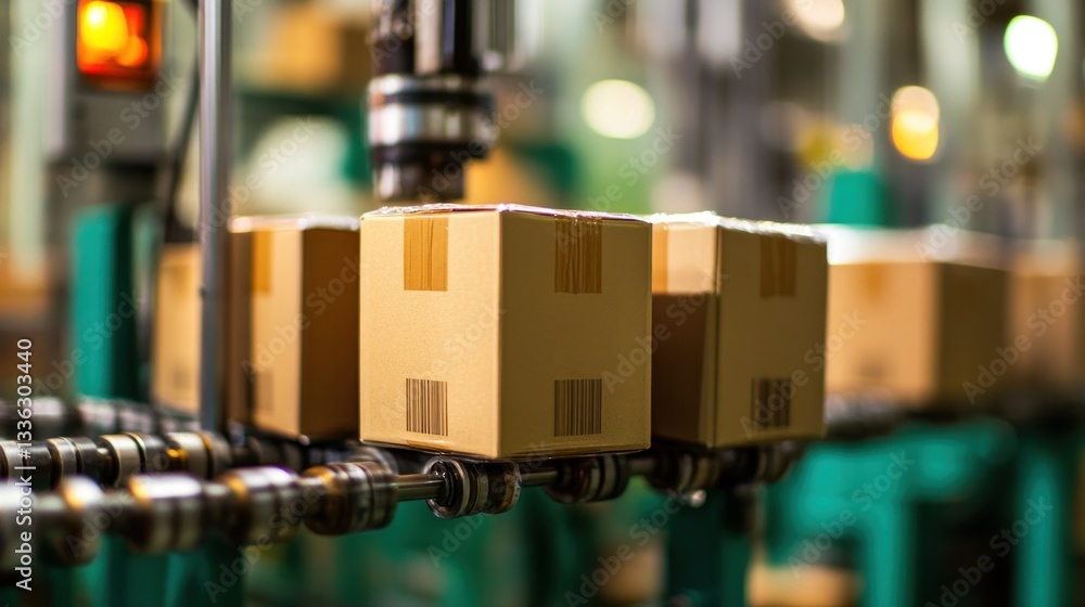 Poster cardboard boxes being transported along an automated manufacturing conveyor