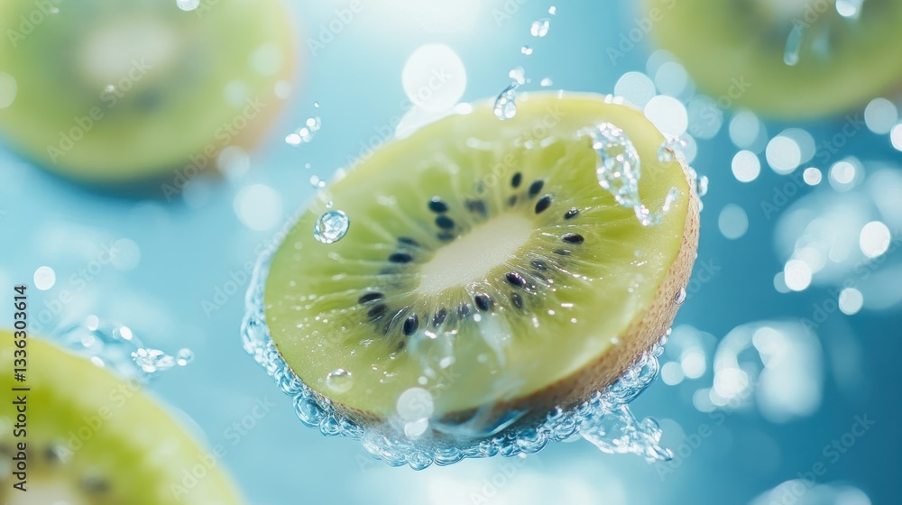 Poster a fresh kiwi slice being splashed with clear water droplets