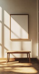 Empty picture frame, wooden bench, sunlit room