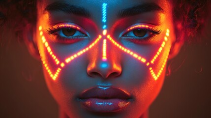 Woman with vibrant face paint, studio portrait, illuminated design