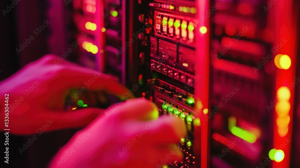 Poster A technician working on a server rack with illuminated indicators