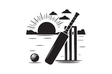 Cricket bat ball with landscape silhouettes white background