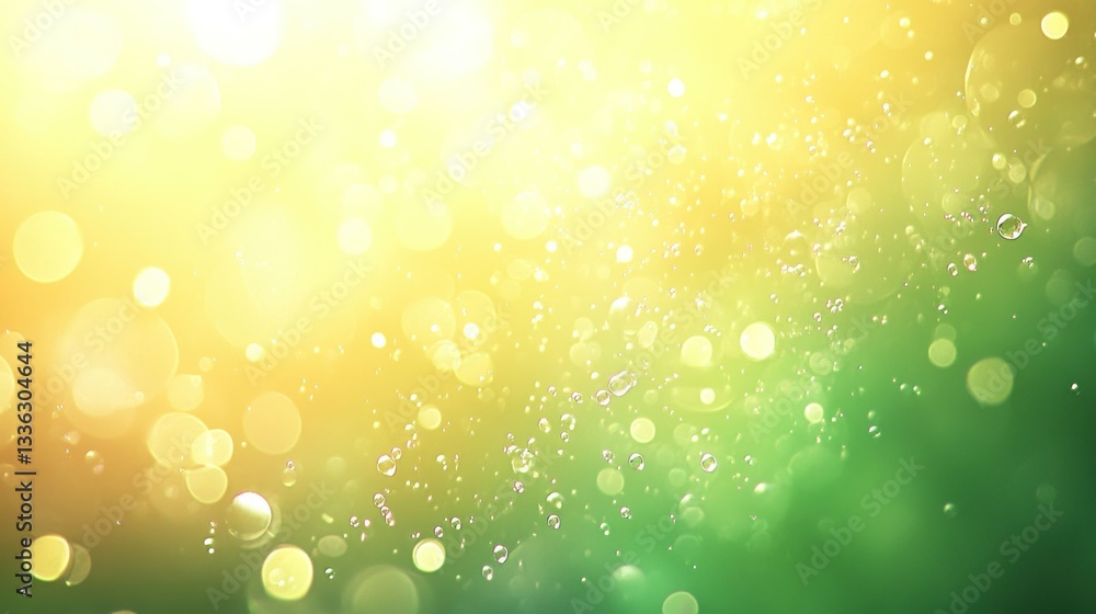 Poster Bright yellow and green background with bokeh and bubbles floating