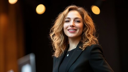 A smiling woman with curly hair wearing a blazer indoors