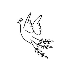 Hand-drawn dove flying carrying branches of leaves. Peace, freedom, and hope logo concept.