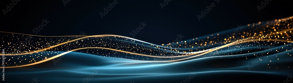 Poster Elegant flowing lines with bright sparkling particles in dark space