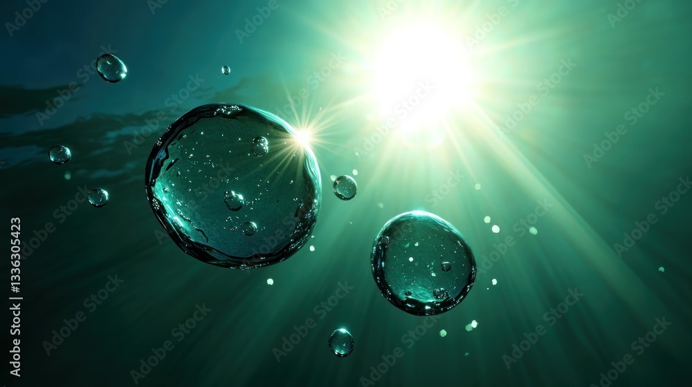 Poster Sun rays shine through the water with multiple translucent bubbles