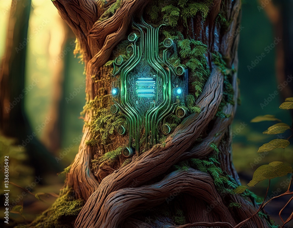 Poster Close-up of a tree bark seamlessly merging with embedded circuits.