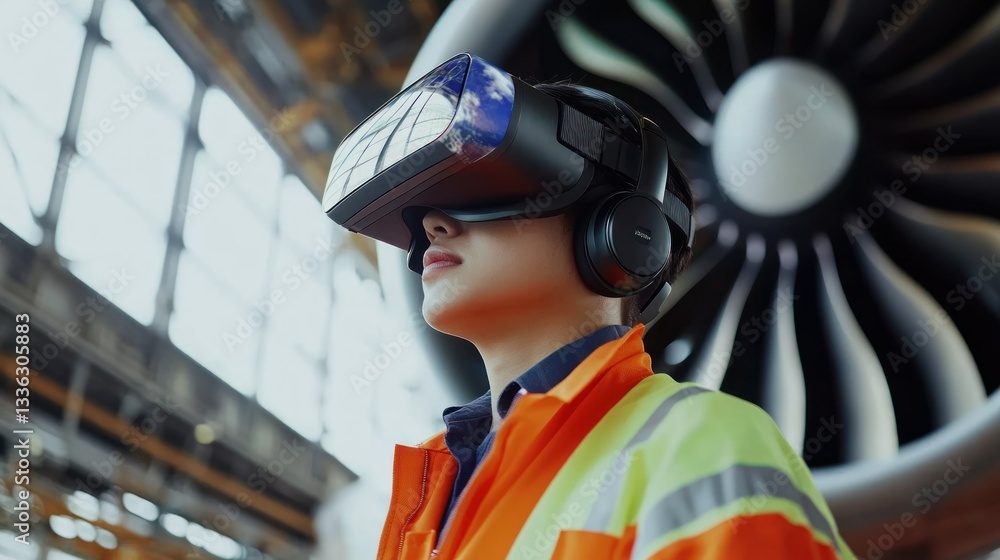 Aufkleber an engineer uses a virtual reality headset in a workshop