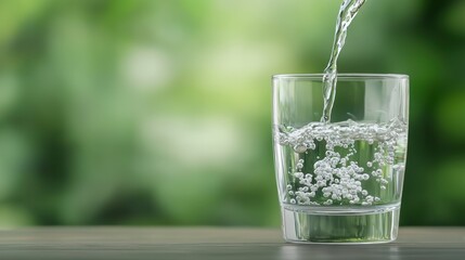 Clear water pouring into a glass set on a table