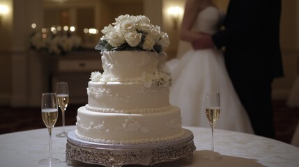 Elegant three tiered wedding cake with flowers and champagne glasses