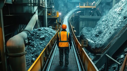 Industrial worker inspecting a conveyor belt system in a modern dark factory