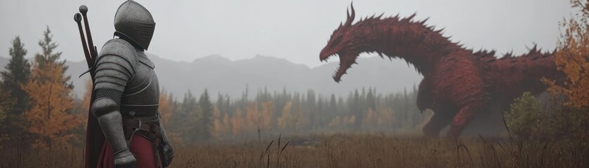 A knight faces a fearsome dragon in a misty landscape setting