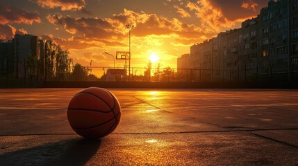 A vibrant sunset casts golden light over an empty basketball court with a lone ball in the foreground