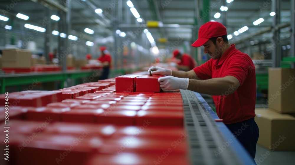 Poster Workers in red shirts handling boxes on an assembly line