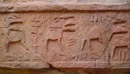 Close-up of hieroglyphic symbols etched into aged sandstone.