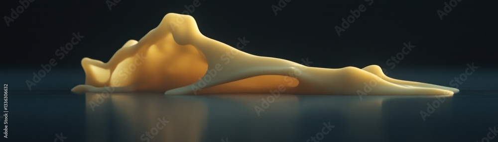 Poster an abstract golden form floats on a reflective dark surface