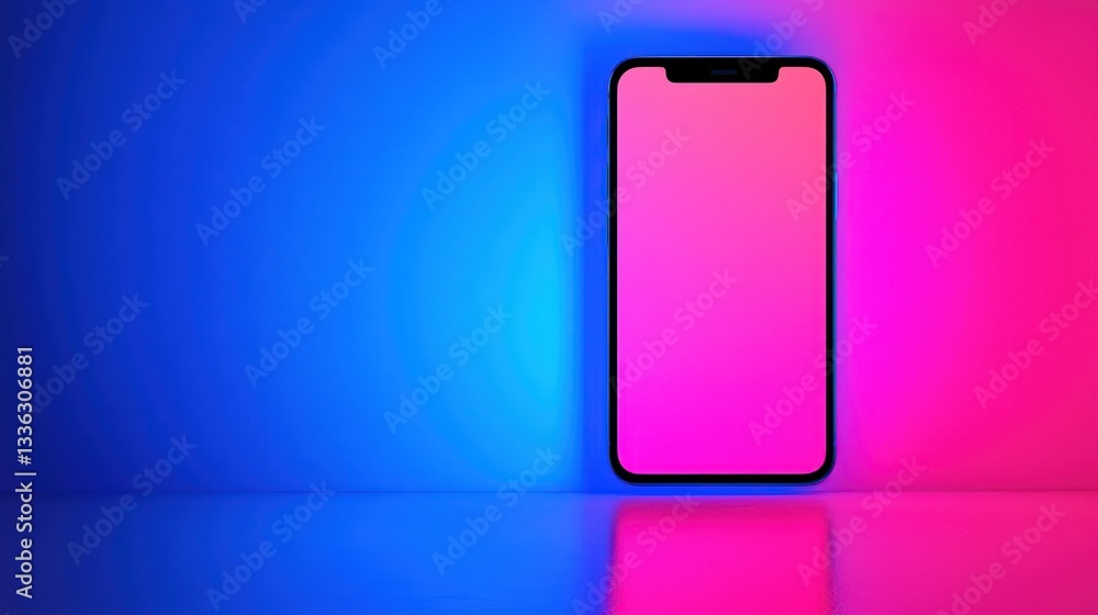 Poster modern mobile device displayed against gradient blue and pink background