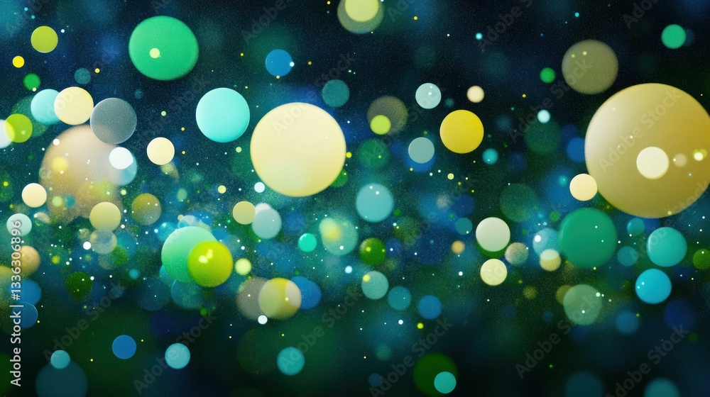 Poster floating colorful spheres with blurred effects on a dark background