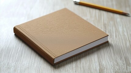 Fototapeta premium Realistic mockup of a paper notebook on a rustic wooden desk with pencil and natural light 