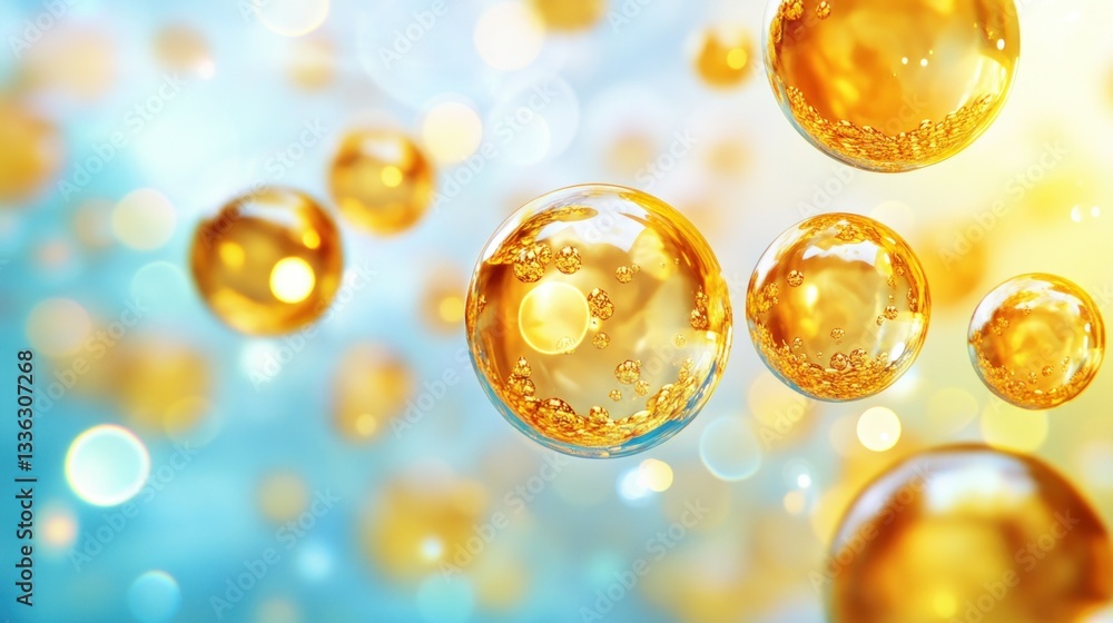Poster golden spheres appear floating amidst a softly lit background