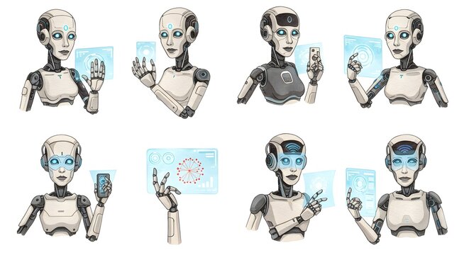 Collection of Cartoonish Female Robots Interacting with Futuristic Interfaces