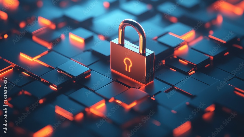 Poster metallic padlock surrounded by a futuristic abstract technological display