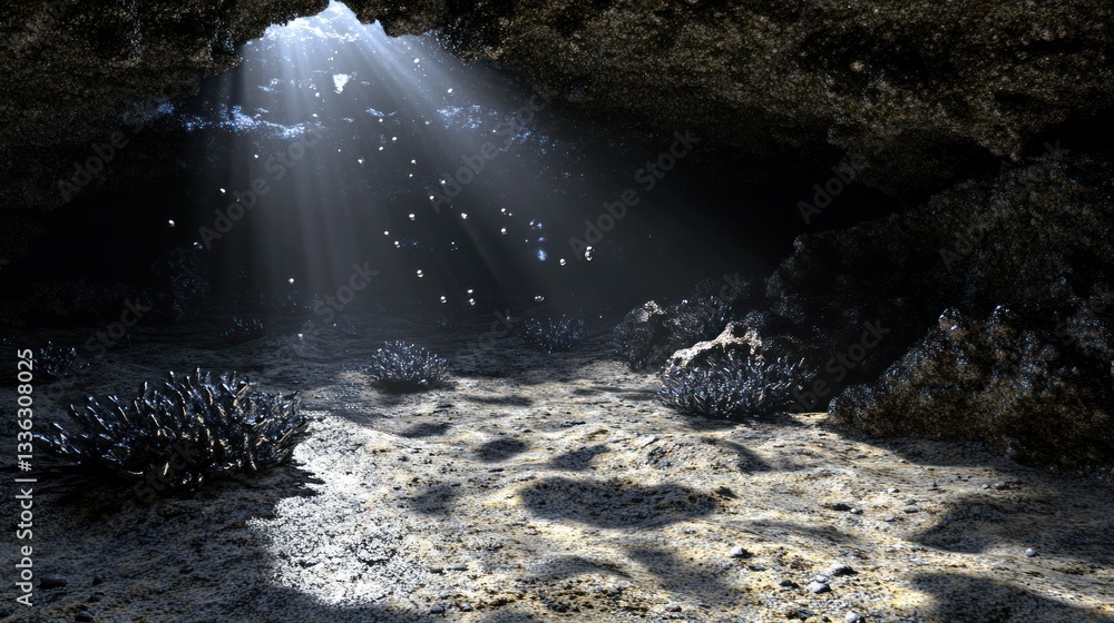 Poster light rays shining through a cave with vegetation in its foreground
