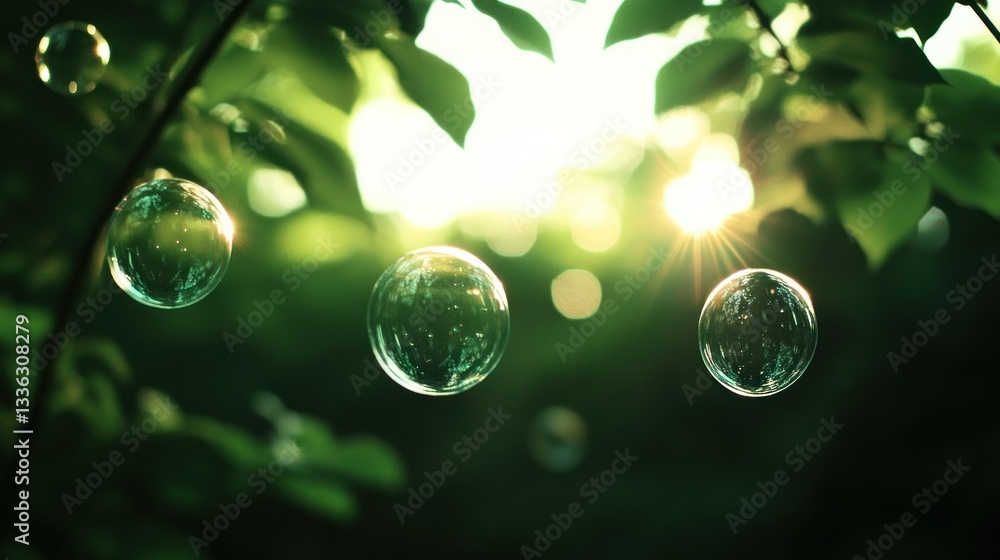 Aufkleber soap bubbles float in the sunlight through green leaves branches