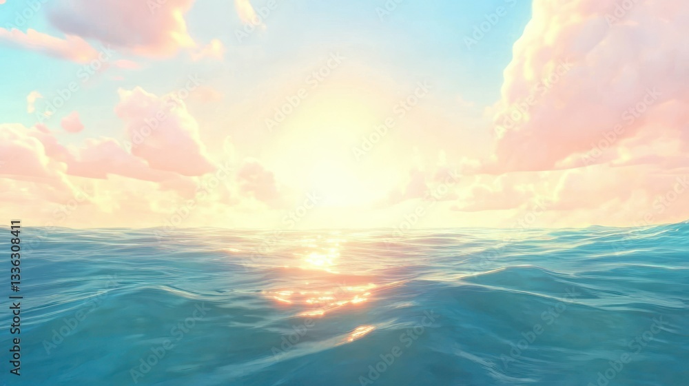Poster beautiful ocean waves under a serene sky with soft colorful clouds