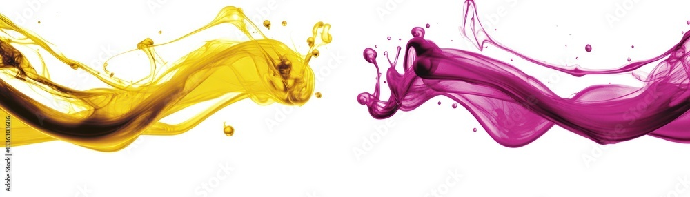 Poster two abstract flowing liquid color formations against a white background