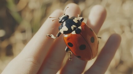 A vibrant ladybug rests delicately on a persons open hand