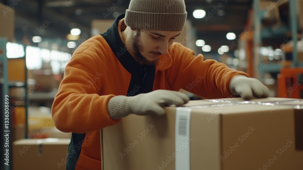 Poster a warehouse worker is handling a cardboard package inside the building