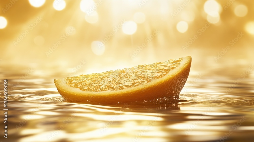 Aufkleber a fresh slice of orange floating on a golden surface