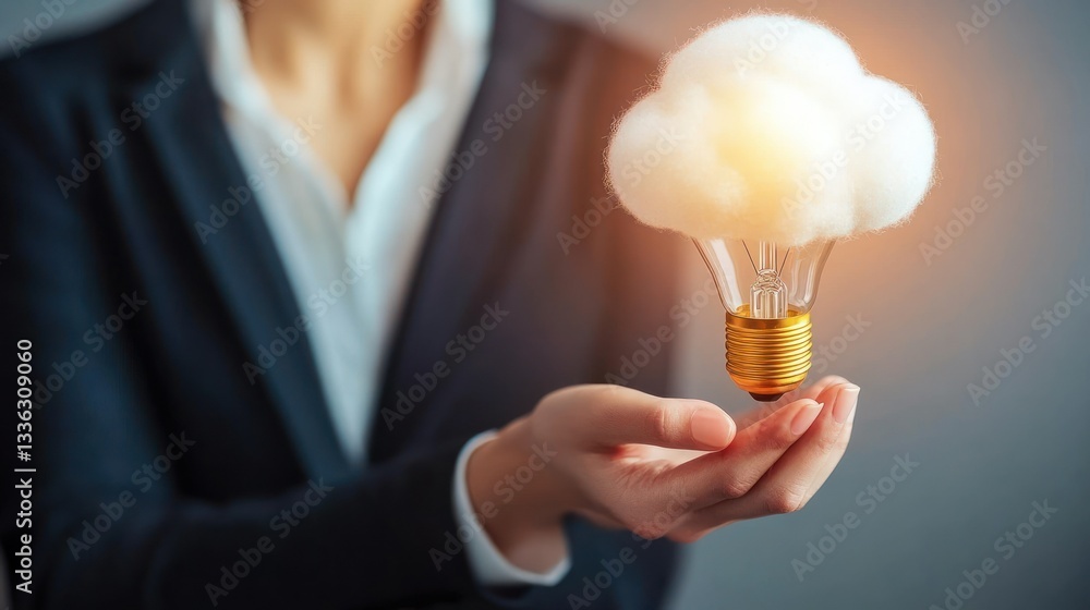 Poster a person holds a glowing lightbulb with a cloud on it
