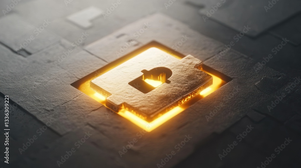 Poster A glowing lock symbol set within a textured rectangular surface