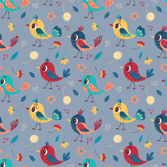 Seamless pattern with cute bright birds, flowers, leaves on a gray background. Vector illustration for the design of postcards, clothing, textiles, banners and posters.