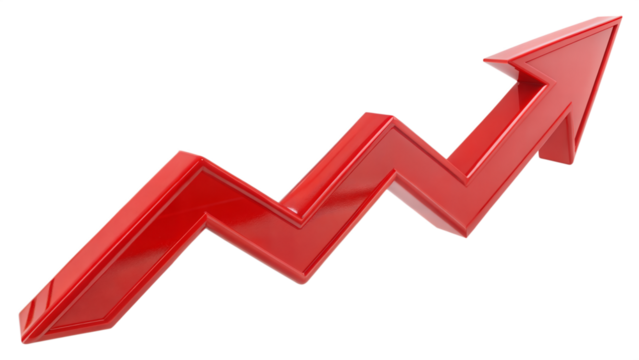 Red upward arrow graph showing rising trend isolated on transparent background, cut out