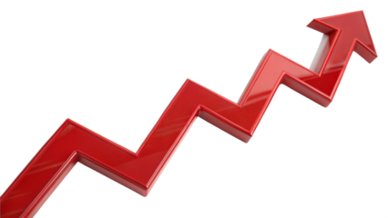 Red upward arrow graph showing rising trend isolated on transparent background, cut out