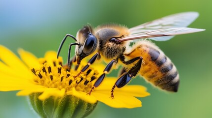 Close-up of a bee collecting nectar from a bright yellow flower in a lush garden during the sunny daytime