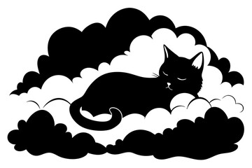 cat resting on a bed of soft clouds line art silhouette vector illustration