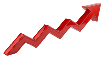 Red upward arrow graph showing rising trend isolated on transparent background, cut out