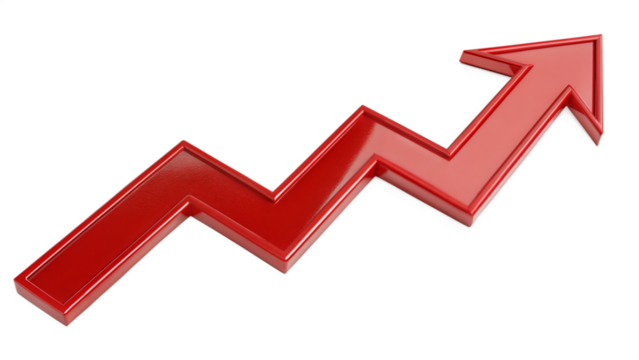 Red upward arrow graph showing rising trend isolated on transparent background, cut out