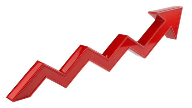Red upward arrow graph showing rising trend isolated on transparent background, cut out