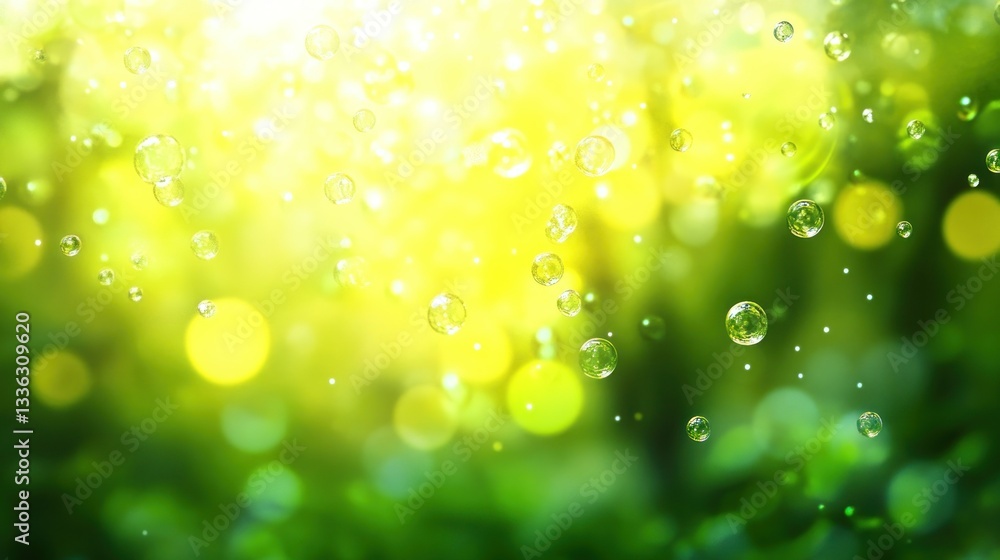 Poster Bubbles float through a vibrant scene with soft focus and bokeh