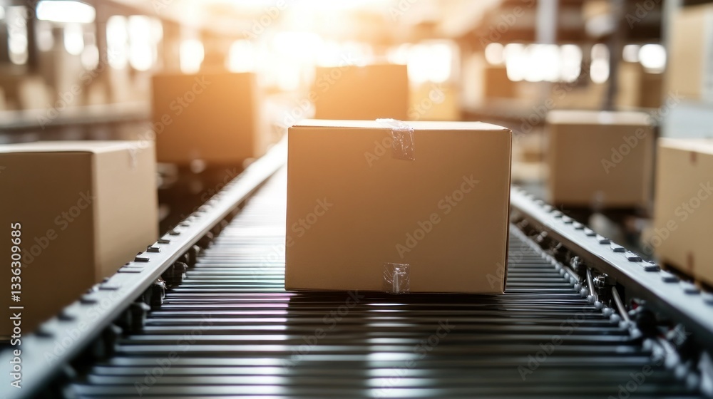 Poster boxes move along a conveyor belt within a warehouse setting