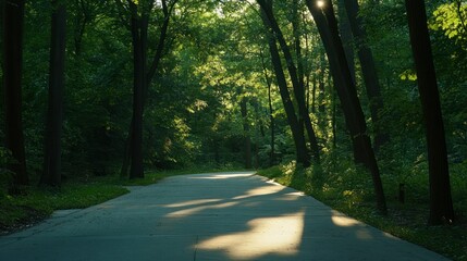 Obraz premium A concrete pathway curving through a lush sunlit forest scene